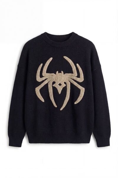 Örümcek Süzene Nakış Overisize Triko Kazak - Siyah