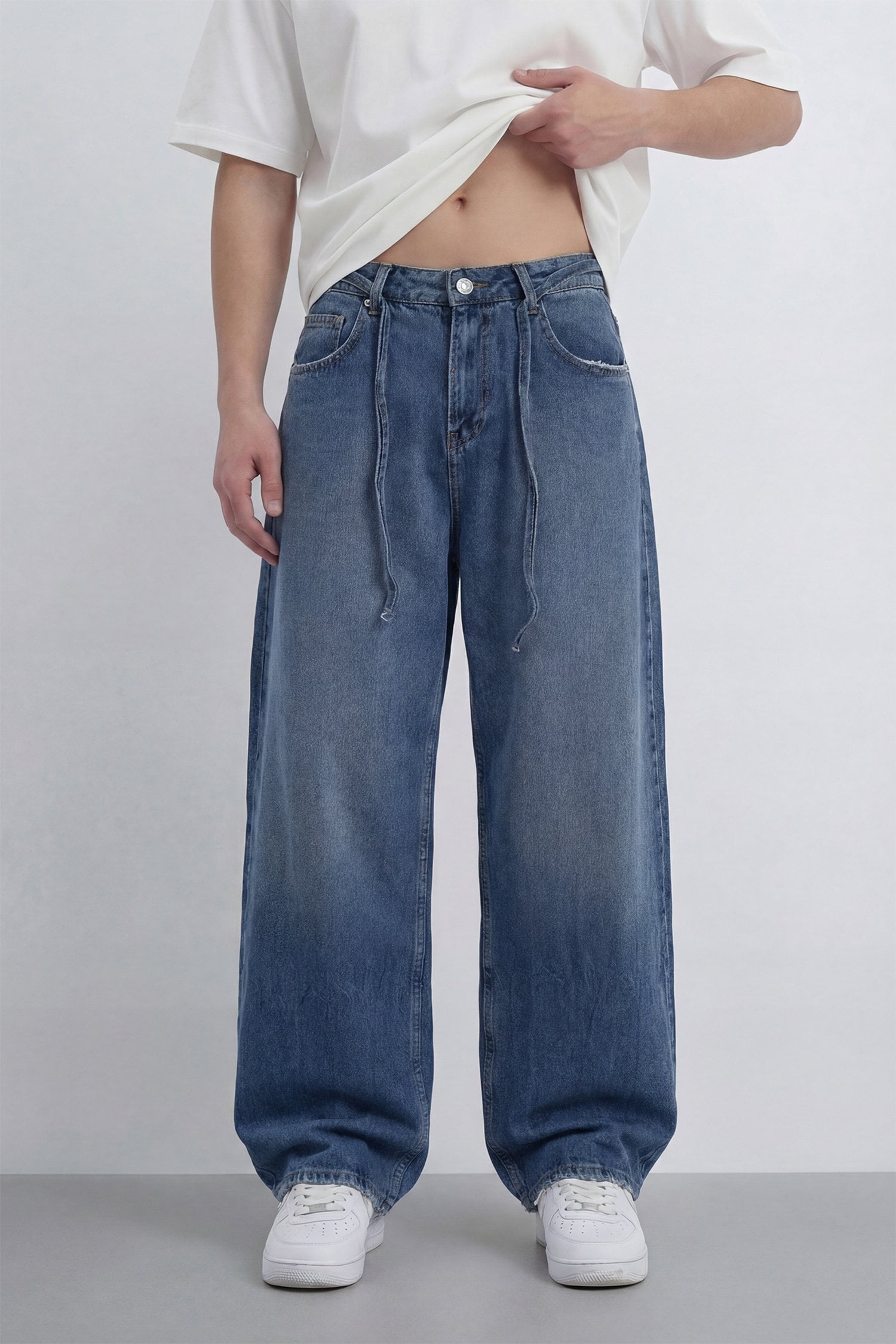 Bağcıklı Yıkama Detay Baggy Jean - Lacivert