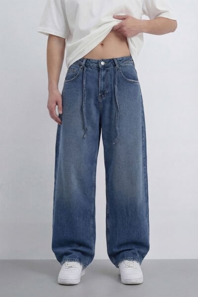 Bağcıklı Yıkama Detay Baggy Jean - Lacivert
