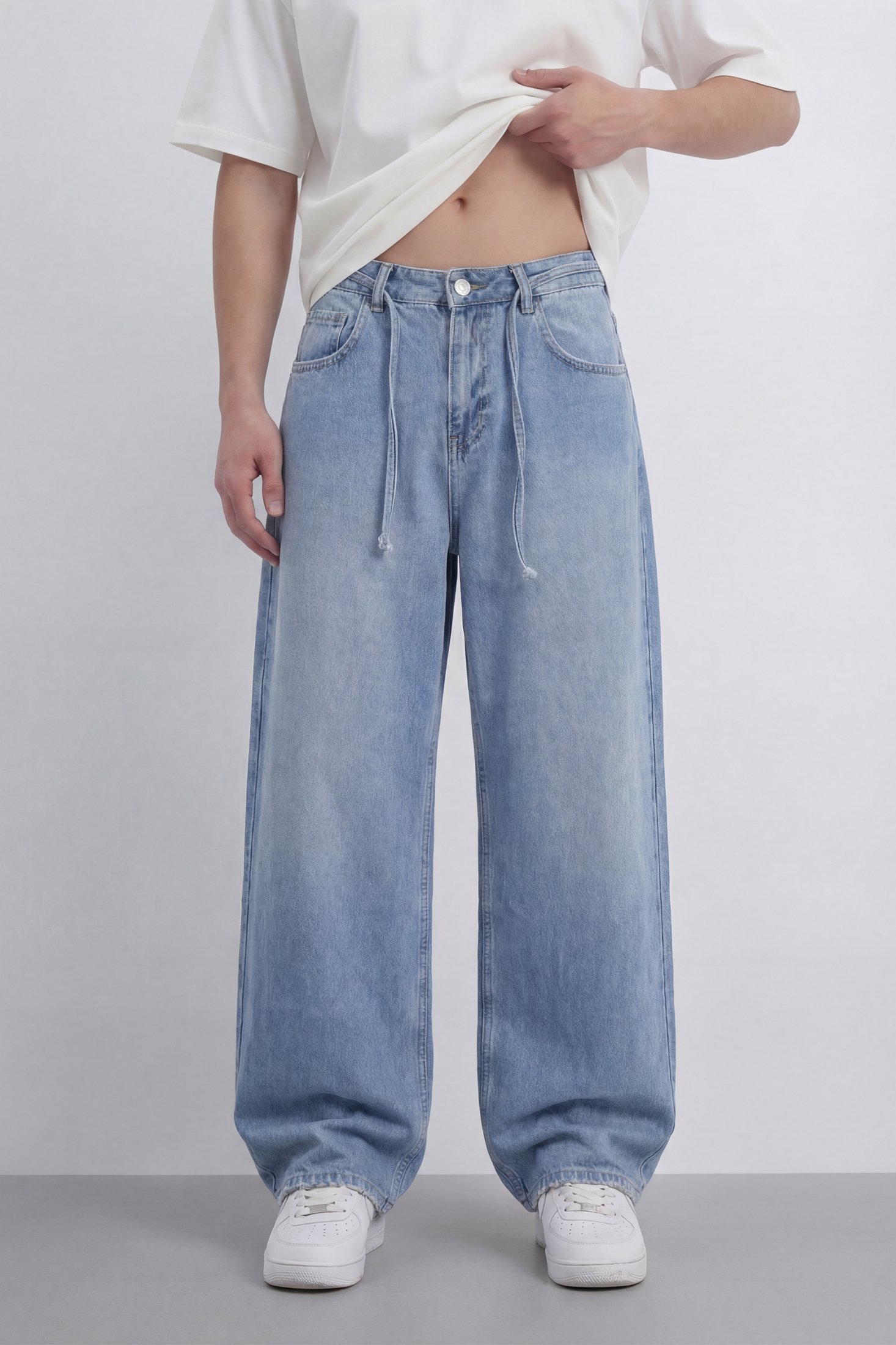 Bağcıklı Yıkama Detay Baggy Jean -  Açık Mavi