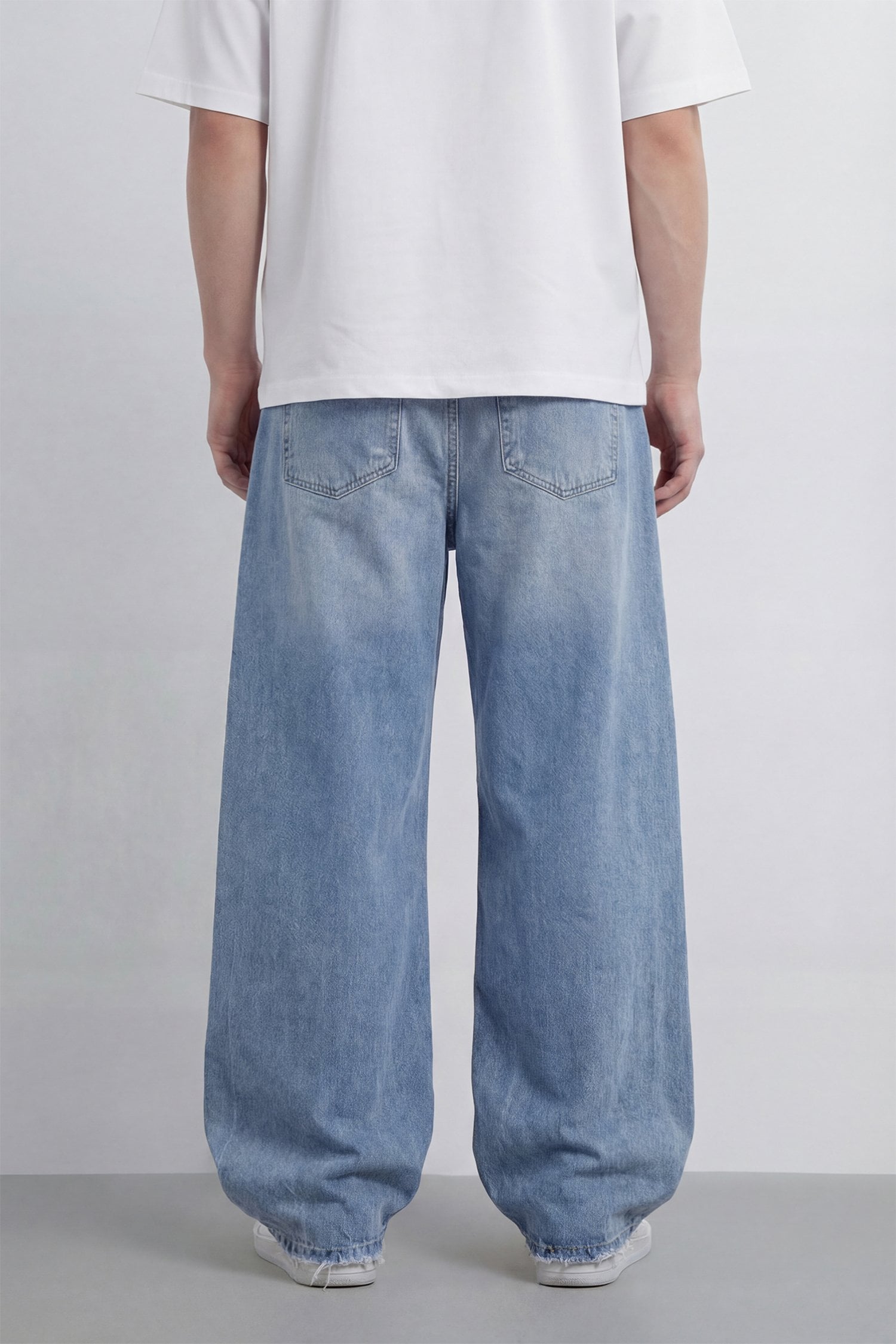 Bağcıklı Yıkama Detay Baggy Jean -  Açık Mavi