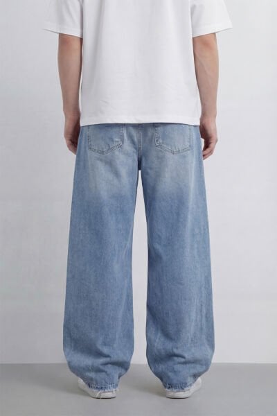 Bağcıklı Yıkama Detay Baggy Jean -  Açık Mavi