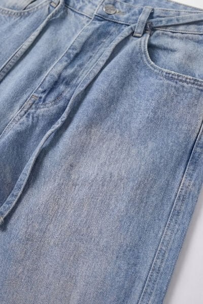 Bağcıklı Yıkama Detay Baggy Jean -  Açık Mavi