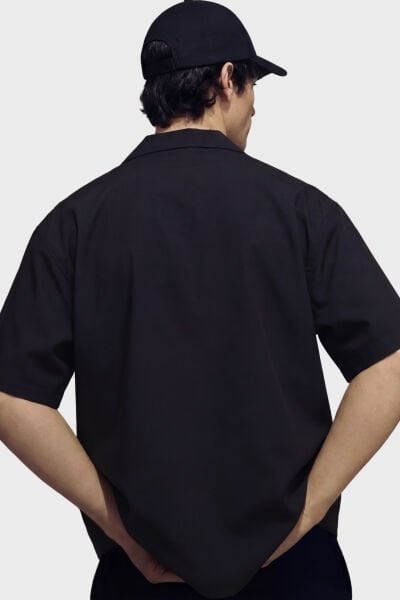 Nakış Detaylı Boxy Fit Kısa Kol Gömlek - Siyah