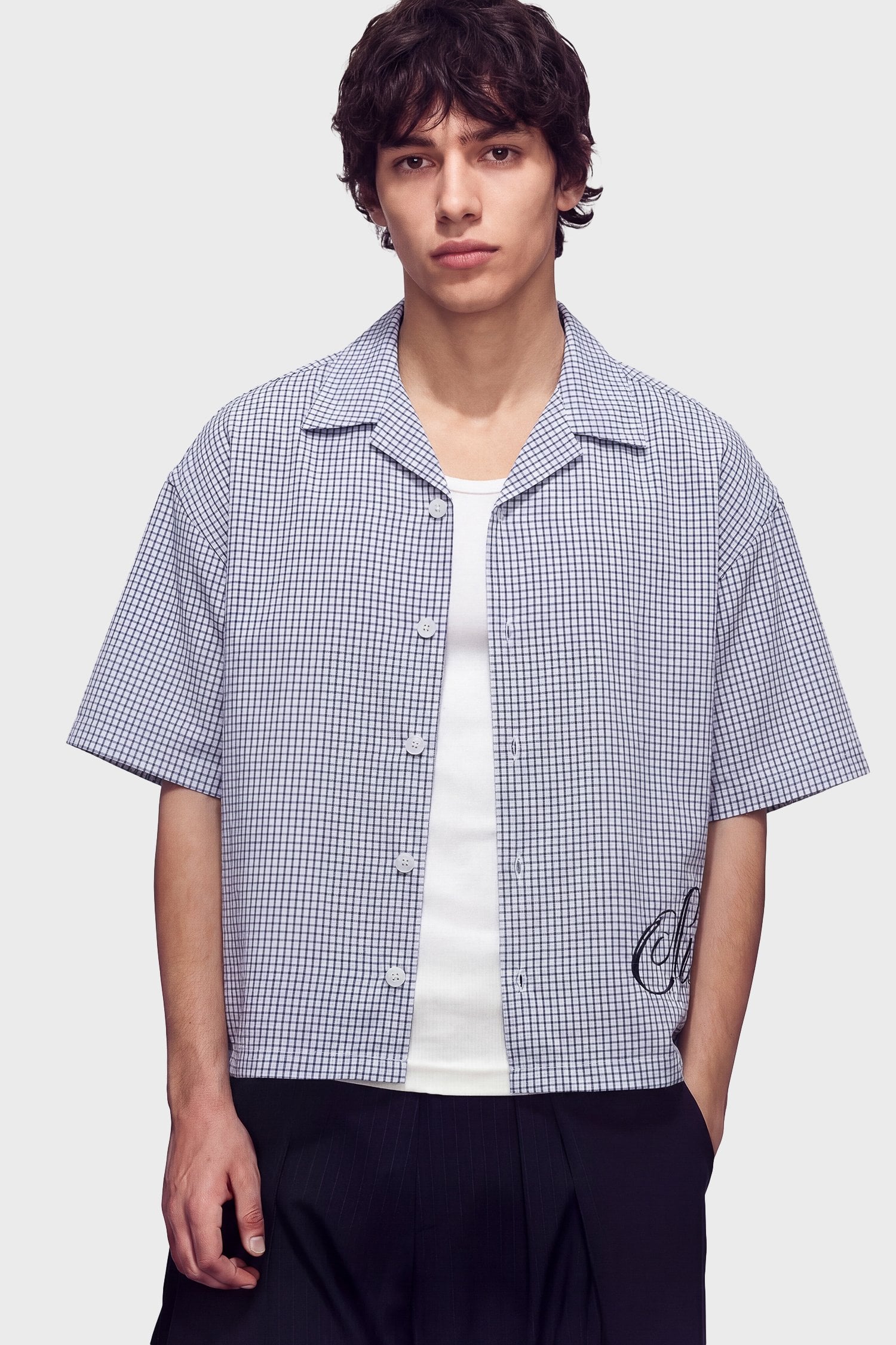 Baskılı Ekose Boxy Fit Gömlek - Beyaz