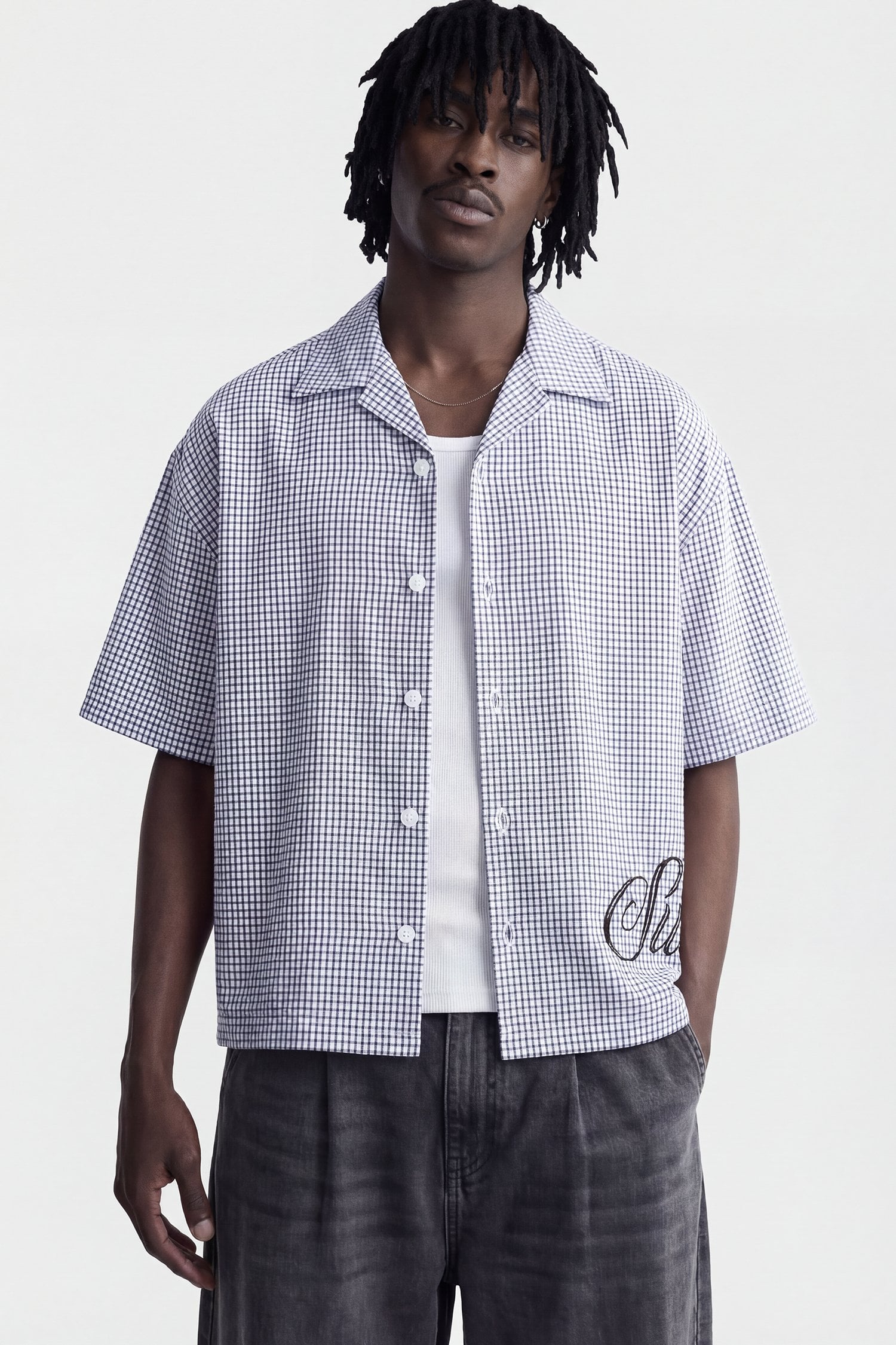 Baskılı Ekose Boxy Fit Gömlek - Beyaz