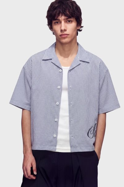 Baskılı Ekose Boxy Fit Gömlek - Beyaz