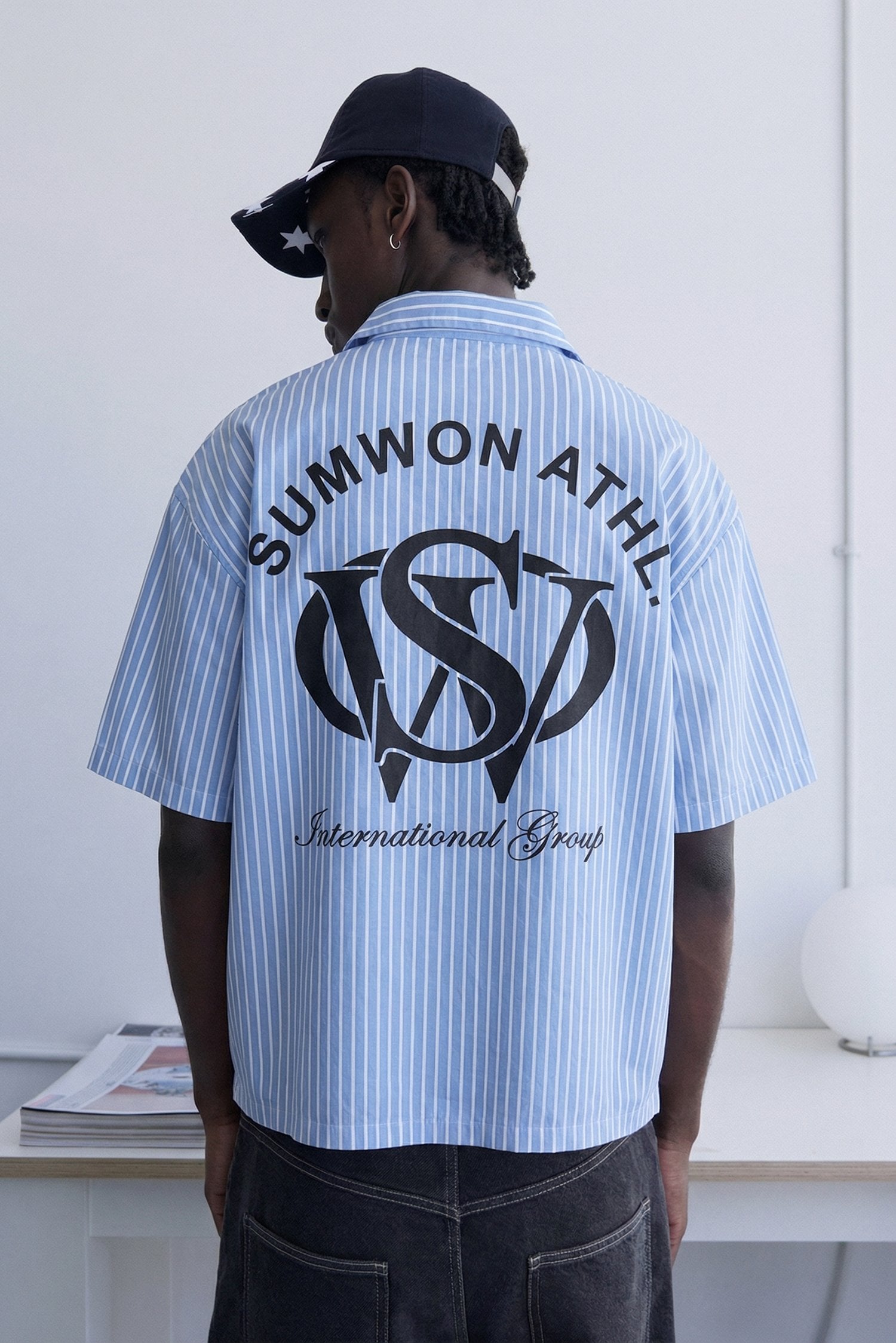 Baskı Detaylı Çizgili Kısa Kol Gömlek - Mavi