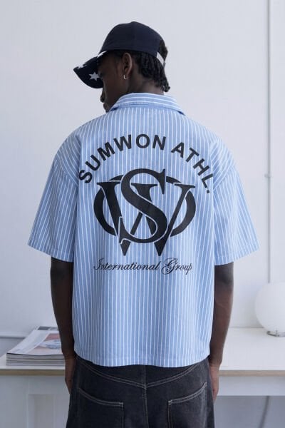 Baskı Detaylı Çizgili Kısa Kol Gömlek - Mavi