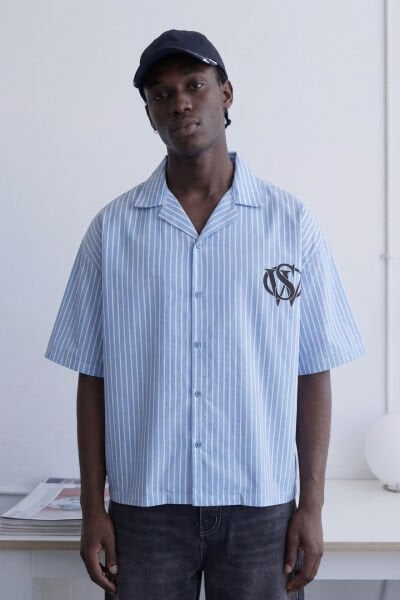 Baskı Detaylı Çizgili Kısa Kol Gömlek - Mavi