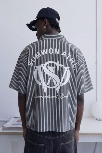 Baskı Detaylı Çizgili Kısa Kol Gömlek - Siyah