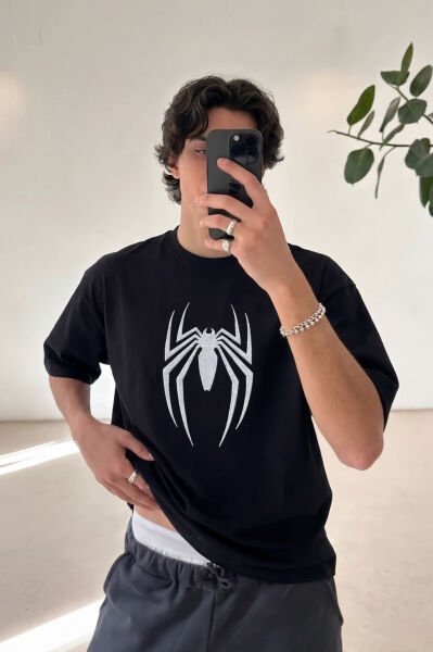 Spider Nakışlı Premium Oversize Tişört - Siyah